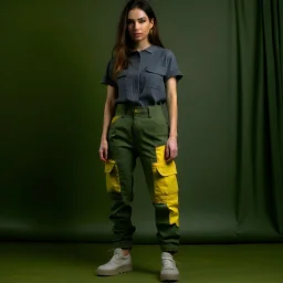 Women model catwalk wearing cargo jeans with patch jellow and green