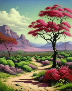 Magenta shrublands near a Karoo painted by Henri Robert-Bresil