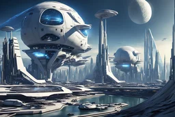 ville extraterrestre futuriste, great white and blue studio, , vaisseaux spatiaux, guerres des étoiles, 4k, hyperréaliste