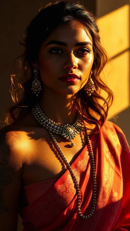 A stunningly elegant Indian supermodel, adorned in a designer saree and an extra-long necklace, her skin glowing in the golden hour light. Henna tattoos decorate her skin, casting shadows and rays that enhance her beauty. This evocative image captures her radiance and grace in a photograph. Her dusky complexion is enhanced by the play of light and shadow, creating a mesmerizing effect. The impeccable quality of the image highlights the model's striking features and the intricate details of her a