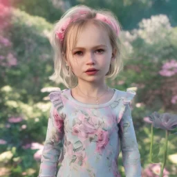 Lilly rose depp toddler, full body, floral clothes, dynamic pose, tokio background, dramatic lighting, hyper realistic, unreal engine, 8k, upscale