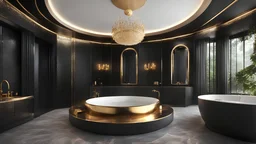 fantasy Master bathroom. Detailed. Rendered in Unity. Gold Lighting. Black colors. add windows. add waterfall shower. add circular tub