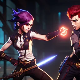 Teenage boy and girl, redheads, fighting guards, highly detailed, professional lighting, dynamic lighting, HDR, action sequence