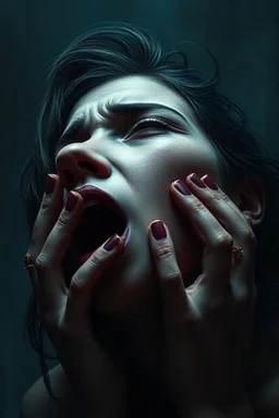 Hyperrealistic human woman cry and howling, pain, thriller, alone, dark colors, sharp focus, surreal shapes, faded colors, dark mood, surreal, dramatic atmosphere. intricate, stunning textures , mystery. stunning illustration