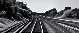 side view of Railroad tracks passing from left to right , grayscale, oval fade boarder vignette