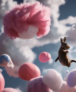 Ultra realistic speed clouds sky scene, wide angle view, childs falling down with many Childs background, rabbit head, circus dress style, feather color, free jumping flying, many trinkets, hair monster, many jelly beans, balls, color smoke, smile, happy, extreme, wind, clouds sea, 20,000 feet altitude, stratosphere, soft color, highly detailed, unreal engine 5, ray tracing, RTX, lumen lighting, ultra detail, volumetric lighting, 3d, finely drawn, high definition, high resolution.