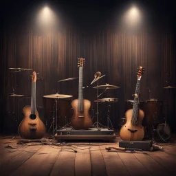 Hyper Realistic musical instruments orchestra on a dark vintage designed stage with dark grungy rustic background & vintage lights