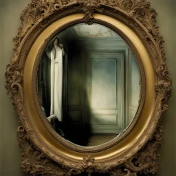 portrait of a cursed mirror that only reflects photo negatives of mournful faces, by George Grie and Yves Tanguy and Brett Weston, color photorealism, natural colors, palpable textures, distinctive visceral style, detailed line work, surrealism powerhouse, opulent shadows, menacing illusions.