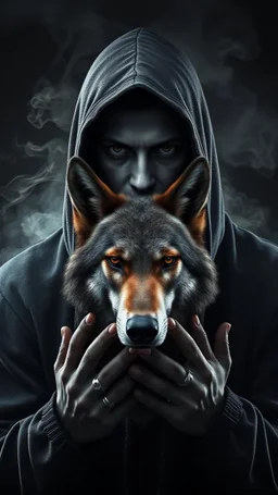 Portrait of aa evil gray skin male hooded Cary with both hands a head of wolf in front. A lot of smoke on the background