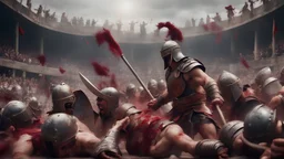 Une représentation artistique d'une arène de gladiateurs qui se battent avec les visages plein de sang et de souffrance , avec des guerriers en armure engagés dans un combat spectaculaire,hyper-realistic,cinematographic,8k