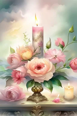 MAGIC A PYRAMID CANDLE IS BURNING AROUND WONDERFUL FLOWERS English watercolor, Smoky cream, pale gray, pale pink, pink background. bright light, a bouquet of roses on the table are pale pink, pale bordeaux, white, ochre. green stems, the light is translucent. Watercolor, fine ink drawing, peonies in an hourglass, elegant gold inlay, rich interior