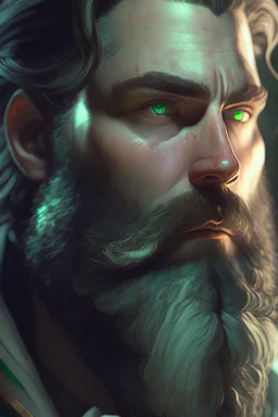 photorealistic white male bearded handsome, hyperdetailed painting, luminism, Bar lighting, complex, dark green miltary, 4k resolution concept art, Artgerm, WLOP, Alphonse Mucha, 3d render, octane render, intricately detailed, cinematic, awesome full color, hand drawn, dark, gritty, cinematic