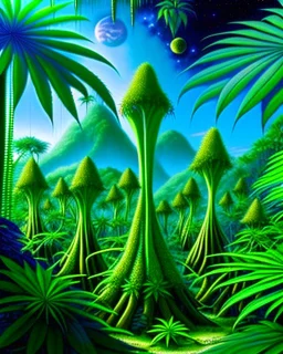 Forest of giant cannabis plants in a tropical setting, beautiful fantasy landscape, realistic and natural, cosmic sky, detailed full-color, nature, hd photography, fantasy by john stephens, galen rowell, david muench, james mccarthy, hirō isono, realistic surrealism, elements by nasa, magical, detailed, alien plants, gloss, hyperrealism