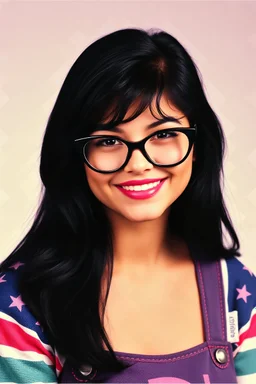 full color image, 1980's yearbook photo, girl, Selena Quintanilla, 24 years old, a sly, clever smile on her face, 1980's clothing and hair styles, 4k UHD, photorealistic, (big, full, plump, pouty lips:1.5) black hair, big cat-eye eyeglasses, full body, head to toe, full frontal