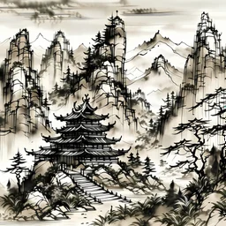 Temple in the mountains, Japanese Style Landscape, painted with ink