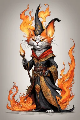 create a full body caricature of an aged, malevolent, ornately dressed , 14th century sorceress cat wreathed in fire ,highly detailed with refined feline features in the cartoon caricature style of Gerald Scarfe and Ralph Steadman precisely drawn, boldly inked, vividly colored, 4k