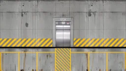 wall design for parking garage, concrete, yellow marking lines, hazard lines, weathering and water stains, elevator doors in middle.