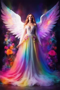 Gorgeous Photography Beautiful Woman as Angel with clothing abstracts flowers luxury gown dressing painting art neons rainbow colors glowing in the dark and colorful details, light leaks boleh colors,flowers background