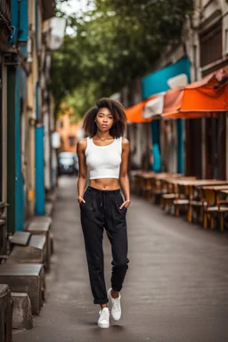 full body shot Young woman, 20 years old, wearing nice pant and top walk in street,looking to camera