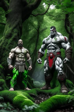 kratos standing of with hulk in a forest