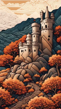 Omani stone castle in an autumn landscape, fine-art four-colour linocut illustration intricate dynamic lighting wallpaper award winning ultra detailed high definition very cute Print zentangle maximalist graceful linocut