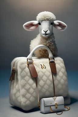 A lamb next to a Louis Vuitton bag