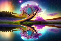 tree near the flowers, water reflection, galaxy, cosmos, science fiction