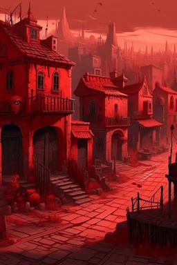 A dark red Day of the Dead themed town painted by Zosan