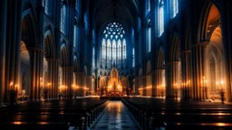 A wide shot of a grand cathedral nave, lit only by hundreds of flickering candles during a Christmas Eve mass; snow falls softly outside the arched windows.