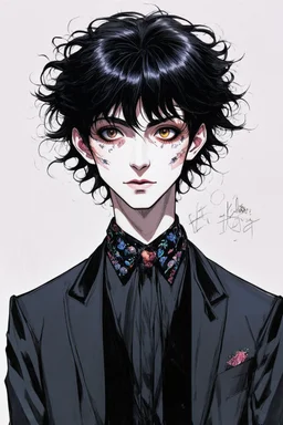 black hair, 19year old, male, alchemist, in the style of Harry Clarke