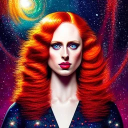 Deborah ann woll, her striking perfectly detailed clear eyes, her perfect, precisely detailed lightly freckled face, meticulously detailed long curly multi-hued ginger carrot cherry fire red hair, luminous colorful sparkles; by james r. eads, gawki, rajewel, tania rivilis, dan mumford, lisa frank, artgerm, greg rutkowski, alphonse mucha and william-adolphe bouguereau; glitter, airbrush, octane render, volumetric lighting, 16k, photorealistic digital painting, artstation, smooth, sharp focus, col