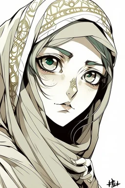 "Draw, in the style of a manhwa, a woman character wearing traditional Arab clothing with an injured eye one eye covered