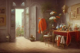 An oil painting depicts an indoor scene. On the left side of the picture is a white vase with white and red flowers in it. Below the vase seems to be a table or a counter. On the right side of the background is part of a building, showing orange and gray tones, with clothes hanging out to dry on the building. The whole picture is rich in color, with rough brushwork, giving a warm and vivid feeling.