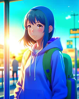 Cinematic epic manga anime illustration, simple cute style, mild pasteltone coloring, Beautiful cute attractive school girl wearing hoodies and backpack, dynamic poses, shy smiling at busstop, masterpiece by azumanga yotsuba Kiyohiko Azuma, depth of field chromatic aberration lens flare