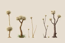 "Isolated concept art of multiple types of alien tree plant on a plain neutral background. Designed for Desert biome – dry, spiky, brittle grass with sharp edges, thorn-like blades, and pale dusty colors