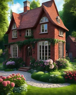 Old red brick house, cute, with many windows and with a gable roof and a tiny round window in attic, there are a lot of threes and flowers in the garden, beautiful cottage, small cottage, tiny old house, with a porch, realistic photo, 8K