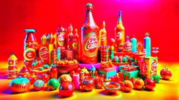 A 3D design of supermarket items such as Coca-Cola, Fanta, mineral water, chocolate, packaged cakes, chips, puffs, Nutella, Rani, candy, shampoo, detergent, soda, ice cream, cheese, cream and butter with an orange, red and white color theme in a special psychedelic space.