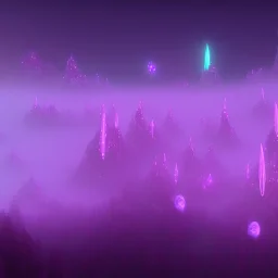 ALIENS FLOATING in the fog, FOGGY NIGHT, mountains, GLOWING, PURPLE, TOWERS, 4K, 8K, CINEMATIC