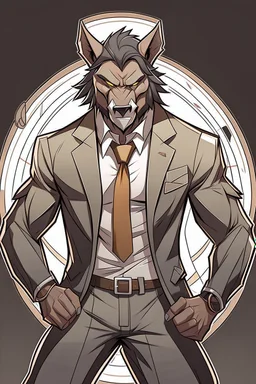 Buff, anthro, wolf, himbo, black fur, gold eyes, wearing a suit, full-body, muscles, strong, muscular, man boobs, bulky, tail, dark fur, smug grin, hands on hips,