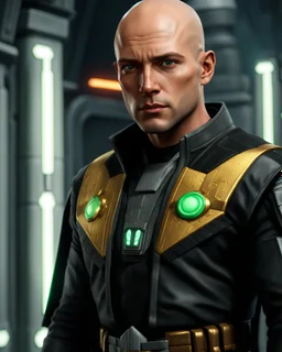 star wars bald male corellian jedi pilot wearing black and gunmetal grey old republic armored robes with gold trim inside the jedi temple holding a lightsaber with viridian green blade in left hand, centered head and shoulders portrait, hyperdetailed, dynamic lighting, hyperdetailed background, 8k resolution, volumetric lighting, light skin, fully symmetric details