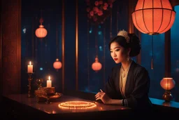 [Retro Vibes, Sacred Haze] In the dimly lit room, an asian woman sat at the small table, her presence exuding an air of mystery and sophistication. The room was adorned with vintage decor, transporting her to a time when retro vibes and sacred haze hung in the air like a veil of intrigue. The flickering neon lights outside cast a mesmerizing glow, adding to the allure of the scene.In the style of Hugo Pratt, the woman's features were rendered with a sense of elegance and strength. Her eyes held