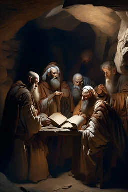 Several Christian priests of the 1st century AD are sitting in a cave and actively arguing and gesticulating, each holding a scroll of Ancient Scripture, on a wooden table in front of them there are many ancient scrolls, all painted with oil paintings in high resolution, in 8k.