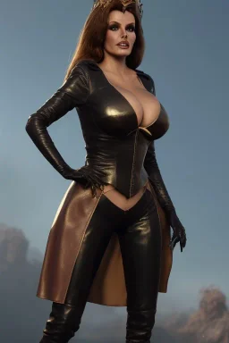 Raquel Welch as evil queen in black leather, leather, busty, cleavage, angry, stern look. character design by cory loftis, fenghua zhong, ryohei hase, ismail inceoglu and ruan jia. unreal engine 5, artistic lighting, highly detailed, photorealistic, fantasy