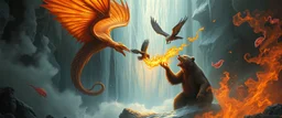 fire smoke and fog and light rays, phoenix jellyfish octopus bird witch bear dragon in icy waterfall looks beyond really powerful slapping a bird in the face with fire, fantasy illustration, in the style of Rembrandt