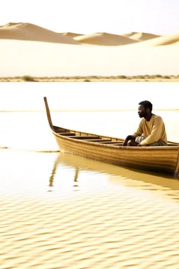 African man , rowing small boat in desert sand