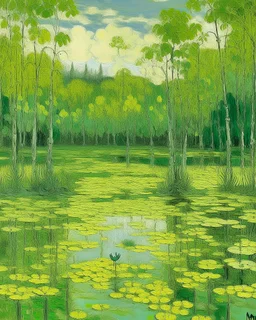 A light yellowish green swamp with bugs in daylight designed in Navajo woven art painted by Claude Monet