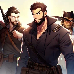 Clear Focus, High resolution, gunslinger, Bearded, short brown hair, serious eyes,
