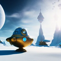 Spaceship landed on snowy mountain, sunny day. clear blue sky. gold. Elegant. Extremely detailed. Award winning photography. Fantasy. 8k. Cinematic lighting. Photorealistic. Dynamic lighting. Imperial colors. Crisp quality. Unreal Engine. Colourful cinematic postprocessing. Pixar. VRay.