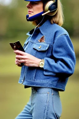 Fresh woman, no make-up, plum-blue-camouflage jacket. Old-fashioned things like CD's, microphone integrated to mask! Wool visor to tippet, AKG headphones, golden rings. materials are denim, leather and felt cloth mixed. Fashion 1990's. Venue: Farm Recycled plastic, stuff, nature, Chicken and cockatoo, Natural Light. Possible colors: Cream white, zinc plate, red ochre, ochre. Thick tights. Thick calves. wide hip