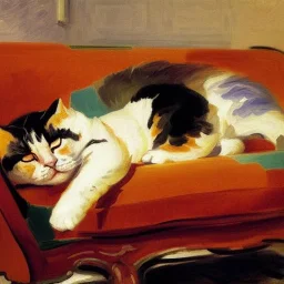 oil portrait of tricolor pattern Cat sleeping in a sofa by Joaquín Sorolla 8k